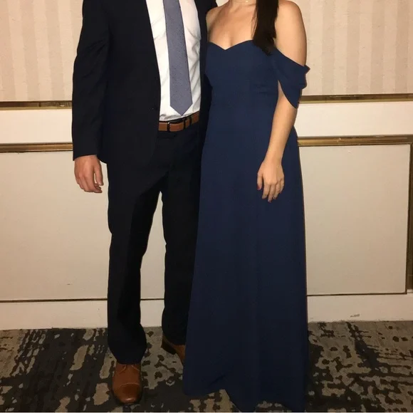 WAYF Rachel Off the Shoulder Gored Maxi Dress in Navy - Picture 4 of 10